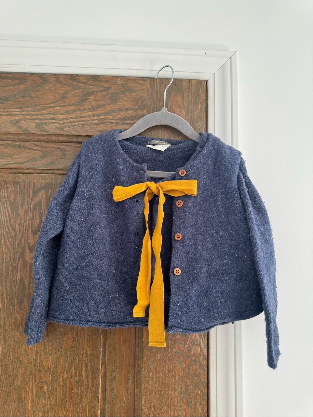 Kiko Navy Knit Kids Cardigan with Mustard Bow Accent